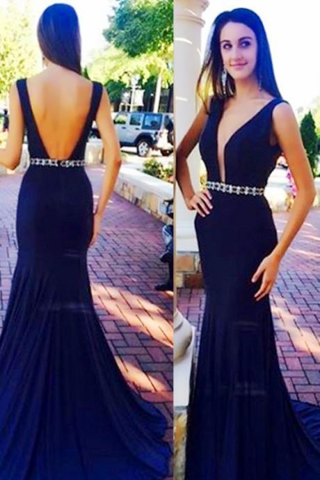 Sexy Mermaid V-neck Black Backless Prom Dress With Beading, Black Prom Dress, Black Evening Dress, Black Woman Gowns, Black Formal Dresses, Prom Dress for Weddings and Events