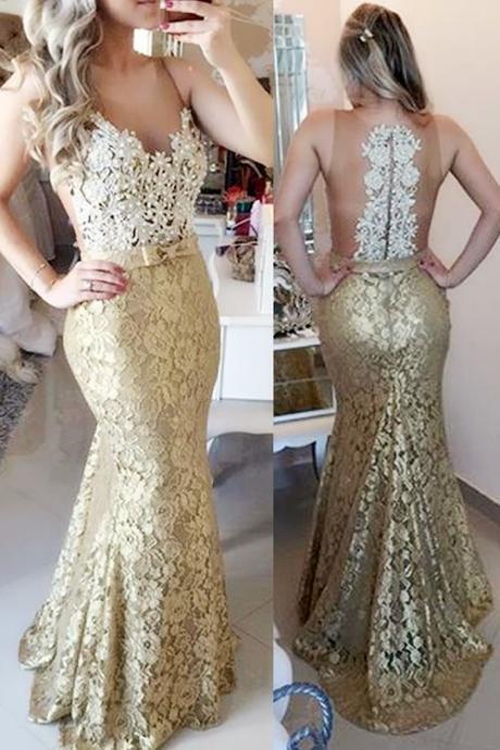 Illusion Mermaid Sweep Train Champagne Prom Dresses, Lace Mermaid Prom Dresses, Lace Formal Dress, Elegant Evening Gowns With Bow, Backless Sheer Prom Dress
