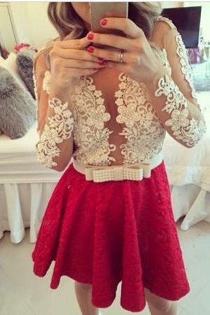 Sheer Beaded Short Homecoming Dresses, Lace Long Sleeves Homecoming Dress, Red Homecoming Gown, Red Lace Pearls Beaded Party Dress, Short Dress for Prom