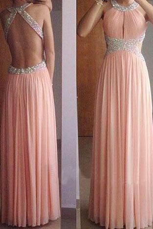 Shining Sexy Backless Open Back Long Prom Dress, Pink Chiffon Beaded Prom Gown, Formal Dresses, Woman Evening Dresses, Long A-Line Pink Beaded Chiffon Evening Winter Formal Prom Dress