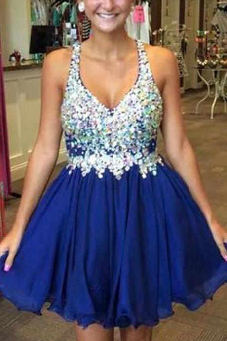 New Arrival V-neck Short Royal Blue Homecoming Dress with Beading, Chiffon Beading Homecoming Dress, 2016 Homecoming Dresses, Lovely Party Dress, Sexy Short Prom Evening Dress