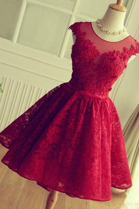 Adorable Knee-length Red Short Lace Prom Dress, Beading Homecoming Dress, Red Lace Homecoming Dress, Cute Homecoming Dresses, Short Party Dress