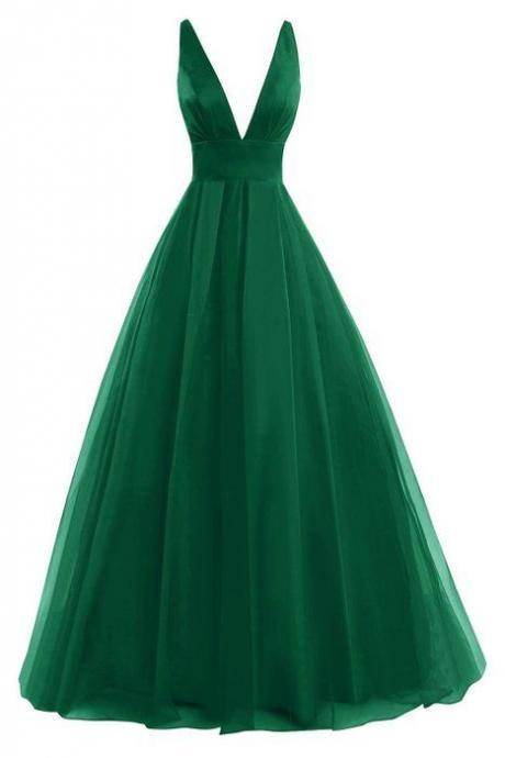 Green Prom Dresses 2016, Backless Prom Dresses,Green Prom Gowns,Party Dresses 2016,Long Prom Gown,Prom Dress, Elegant Green Tulle Evening Dresses, Formal Gowns