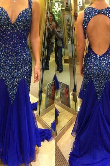 Luxury Beaded Royal Blue Prom Dress, Chiffon Crystals Beading Prom Dress, Mermaid Prom Gowns, Senior Prom Dress, Dress for Prom, Long Prom Dresses, Woman Formal Dress, Evening Gowns, Open Back Prom Dresses