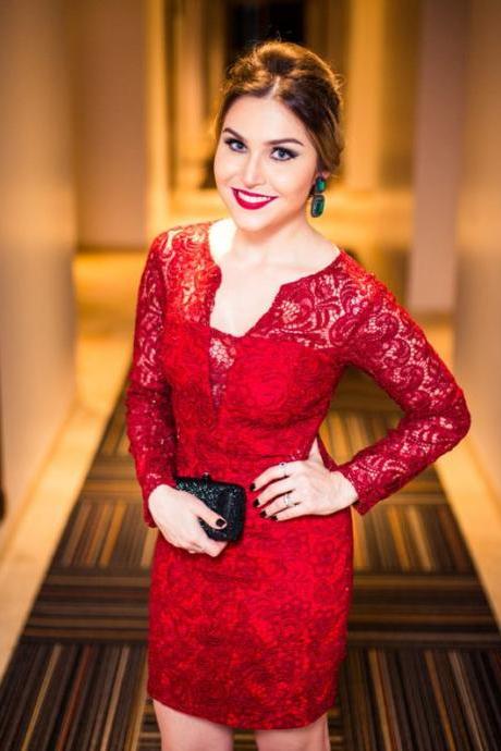 Modest Red Lace Short Prom Dress, Long Sleeves Prom Dress, Wedding Party Dress, Mother of the Bride Dresses, Short Evening Dress, Woman Dress, Red Lace Dress