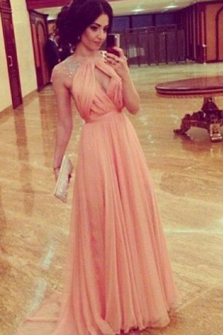 Sexy Prom Dress,Beading Dress,A-Line Prom Dress,Chiffon Prom Dress, Unique Prom Dresses, Peach Prom Gown, Backless Party Dress