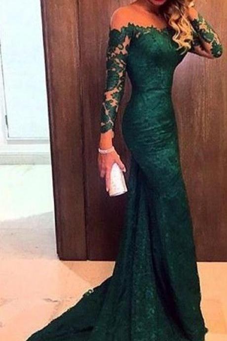 2016 Dark Green Lace Mermaid Long Prom Dresses, Sexy Mermaid Lace Evening Gown, Woman Dresses, Lace Formal Dresses, Long Sleeves Prom Gown, Long Prom Dresses, Mermaid Prom Dresses