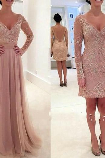 Sexy A-line V Neck Lace Tulle 2 Pieces Long Prom Dresses 2016, Two Pieces Prom Dress, Formal Dresses Backless, Long Prom Dresses, Long Sleeve Prom Dress, Champagne Party Dress