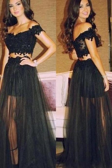 Black Lace Beaded Two Piece Prom Dresses Long, Two Piece Prom Dress, Off the Shoulder Prom Dresses, Sparkly Pageant Dresses, Black Lace See Through Prom Dress