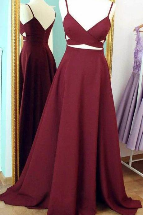 Sexy Two Piece Prom Dresses 2016, Prom Dress Burgundy, Two Piece Straps Burgundy Long Prom Dress, Evening Dress, Formal Dresses