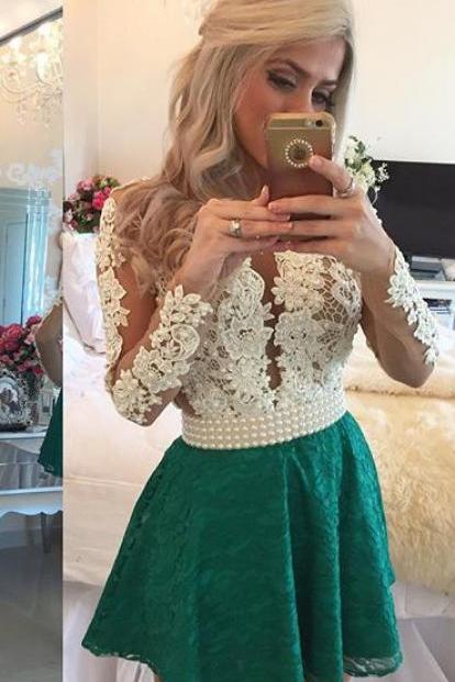 Charming Emerald Green Prom Dress, Short Homecoming Dress, Long Sleeves Homecoming Dress, Lace Homecoming Dress, Homecoming Dresses, Deep V Neck Sheer Tulle Short Sexy Party Dresses