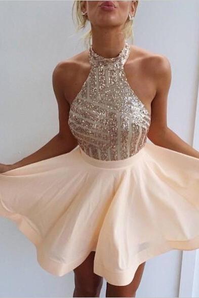 Sexy A-line Halter Chiffon Sequins Above-knee Homecoming Dress, Cocktail Dress, Luxury Beaded Sequins and Chiffon Homecoming Dress, Short Prom Dresses, Sexy Prom Dress, Backless Homecoming Dress, Graduation Dresses