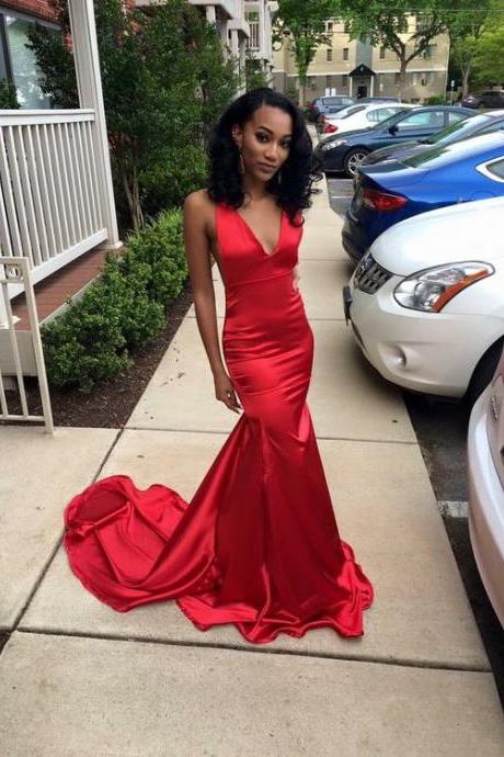 Sexy V-neck Backless Long Prom Dresses, Simple Evening Dress 2016, Red Prom Dress, Open Back Prom Dresses 2016