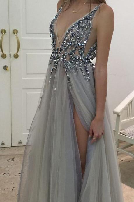 Grey Sparkly Gown, Elegant Evening Dress, Stunning Gray Prom Dress, Sequins Crystals Beaded Prom Dress, Tulle Prom Dress, Charming Prom Dress, Long Prom Dresses, Sexy See Through Prom Gown, Formal Dress