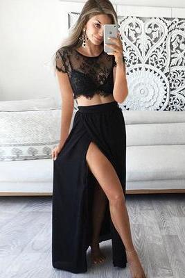 Sexy A-line Two-piece Black Lace Long Prom Dress, Black Prom Dress, Two Pieces Prom Dress, Evening Dress with Side Slit