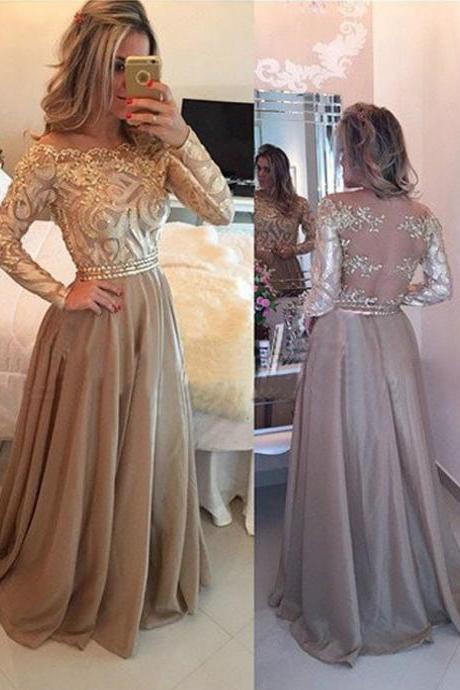 Hot Selling Luxurious Cowl Floor Length Gold Evening Dress, Prom Dress with Long Sleeves, Long Prom Dress, Backless Prom Dress, Lace Embroidery Prom Dresses