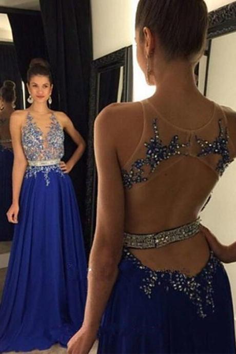 New Arrival Sexy Prom Dress, Long Prom Gown, Blue Evening Dresses, Lace Bodice and Chiffon Skirt Long Evening Dress, Chiffon Prom Dress, Party Dress with Rhinestones