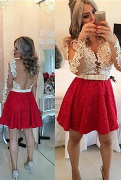 Red Lace Graduation Dresses, Long Sleeves Homecoming Dresses, Backless V-neck Party Dresses,Cocktail Dresses,Woman Dress,Short Prom Dresses