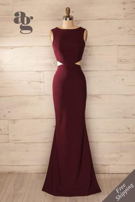 Burgundy Waist Cut-outs Fitted Gown, Sexy Backless Prom Dress,Charming Prom Dress,Burgundy Prom Dress,Long Prom Dress,Evening Formal Dress,Women Dress