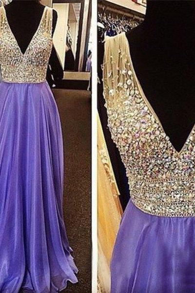 2016 Evening Dress,Purple Prom Dress,V neck Prom Dress,Charming Prom Dress,Long Prom Dress, Blingbling Prom Dress