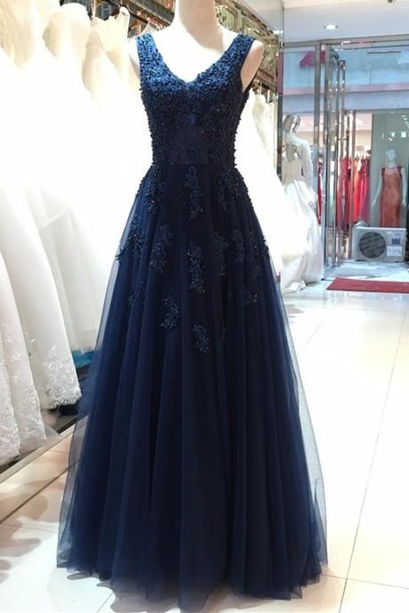 Navy Blue Formal Dresses,Elegant Navy Blue Tulle Backless Floor Length Prom Dresses, Party Gowns, Evening Dresses, Woman Dress for Prom and Evening Events