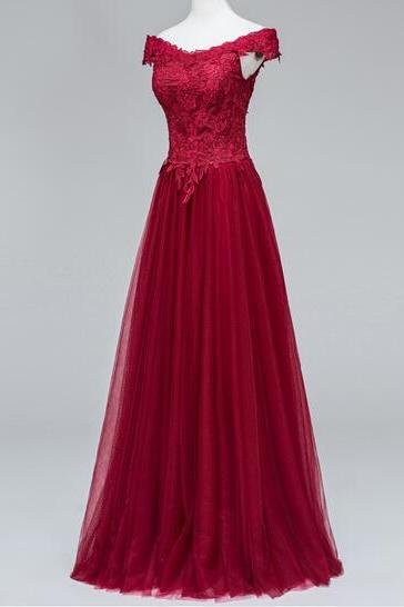 Beautiful Tulle Wine Red Off Shoulder Prom Dresses, Long Prom Dresses 2017, Party Gowns, Woman Dress for Weddings and Evening Events