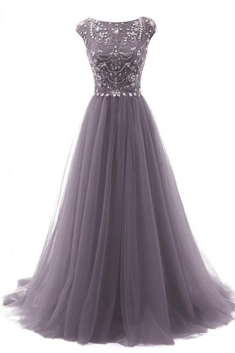 Long Beads Prom Dress, Tulle Cap Sleeves Evening Dress, Modest Prom Dress, High Quality Prom Dress, Woman Dresses, A-line Prom Dress