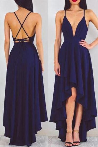 Sexy A-line Deep V-neck High Low Dark Navy Blue Chiffon Prom Dress Evening Dress