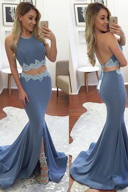 Elegant Halter Sweep Train Split Front Lavender Backless Prom Dress with Lace, Two Pieces Prom Dress, Long Prom Dress, Sexy Prom Dress