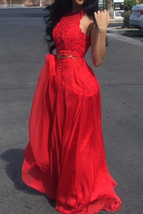 Sexy Prom Dress,Sleeveless Red Prom Dresses,Long Evening Dress,Evening Gowns, Two Pieces Prom Dress