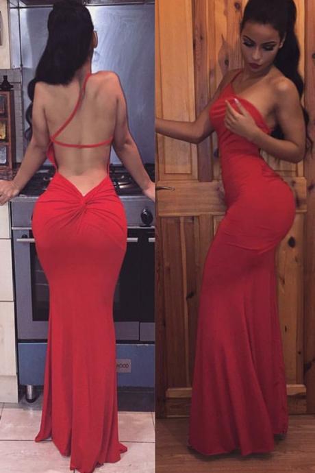 Sexy Long Red Prom Dresses, Backless Prom Dress, Sexy Evening Dresses,Mermaid Prom Dress,Simple Backless One Strap Prom Gowns, Sexy Party Dress