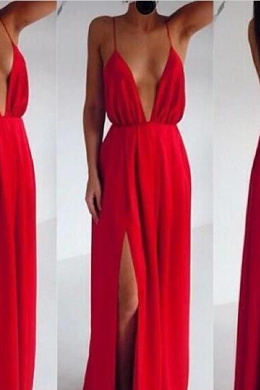 Fabulous Deep V Neck Maxi Dress in Red, Chiffon Prom Dress, Red Prom Dress, Open Back Prom Dress, Long Party Dress, Long Dress, Woman Dresses