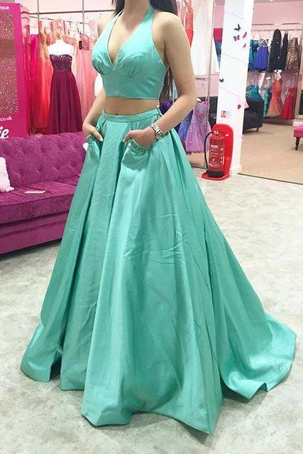 Sexy V-neckline Green Prom Dress, Two Pieces Prom Dress,Halter Neckline Prom Gown,Two Pieces Party Dress,Halter Neckline Graduation Dress, Prom Dress with Pockets