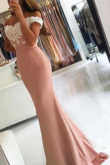 2017 Pink Off-the-shoulder Lace Appliques Long Mermaid Prom Dresses, Sweetheart Prom Dress, OFf the Shoulder Prom Dress, Charming Prom Evening Dress