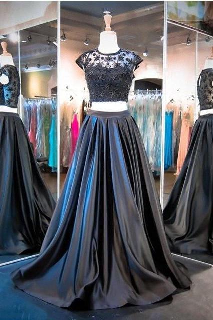 Modest Cap Sleeves Prom Dress, Two Piece Prom Dresses Evening Dresses, A-line Evening Dresses,, Black Prom Dress, Cap Sleeve Prom Dresses, Custom Made Prom Dress
