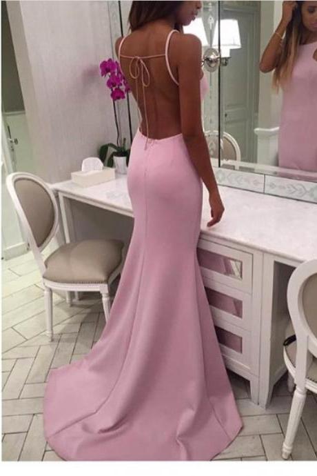 Fitted Pink Prom Dress,Halter Open Back Evening Dresses, Sexy Prom Dress, Woman Formal Dresses, Backless Long Formal Dress,Mermaid Prom Dresses