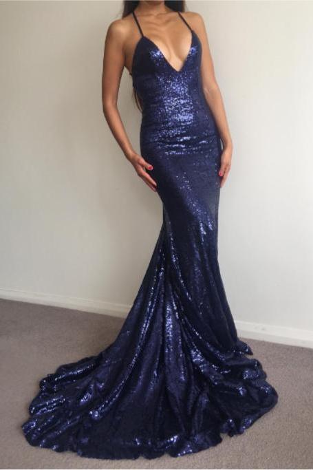 Sexy Sequin Navy Blue Prom Dress, V Neck Prom Dress, Mermaid Prom Dress,Long Party Dress, Woman Dresses, Woman Evening Dress, Sequined Prom Dress, Prom Dress for Weddings and Evening Events