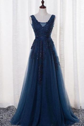 Elegant Tulle Prom Dress, Lace Prom Dress, Navy Blue Long Prom Dress with Open Back, Formal Dresses, Woman Evening Dress, Wedding and Evening Events Dress
