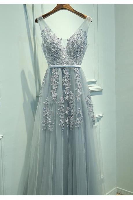 Blush A-Line V-Neck Sleeveless Gray Long Prom Dress with Lace, Lace Formal Dress, Woman Evening Dress, Charming Prom Dress, Long Tulle Prom Dress