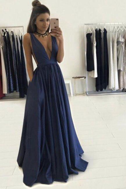Sexy Prom Dress, Simple Prom Dress, Deep V Neck Prom Dress, Dark Blue Long Prom Dress, Evening Dress, Formal Women Dress