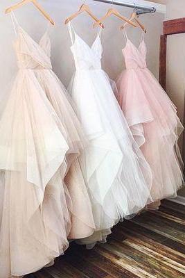 Gorgeous A-line V-neck Spaghetti Straps Long Wedding Dress,2017 Wedding Dress, Pink Wedding Dress, Long Wedding Dress, White Wedding Dress, Champagne Wedding Dress