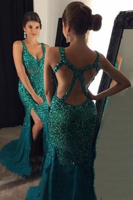 Black Girl Prom Dress 2017, Beading Emerald Green Prom Dress, Backless Prom Dress, Long Prom Dress, Sexy Mermaid Side Split Gold Evening Party Gown, Vestido Longo 