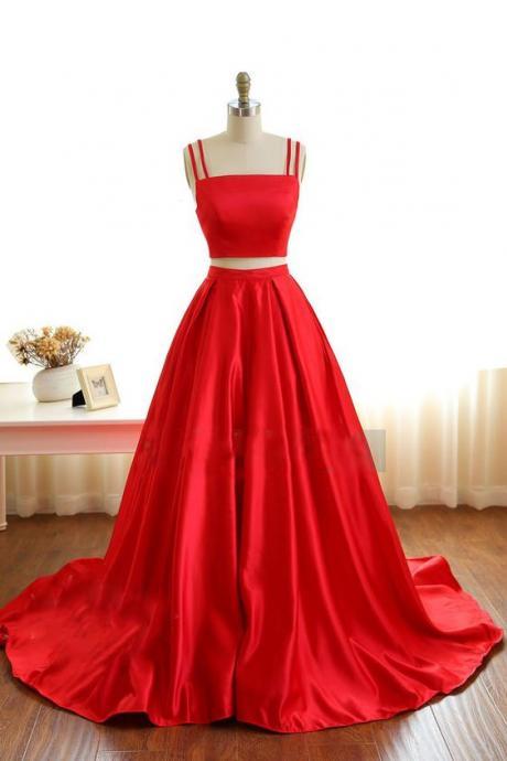 Red High Neckline Prom Dress, Two Pieces Prom Dress, Spaghetti Straps Prom Dresses, Senior Prom Dress, Graduation Dresses, Prom Dress for Teens