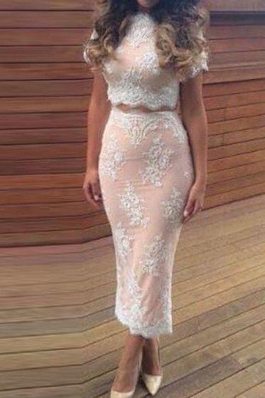White Lace Sheer Crop Top And High Waist Split Skirt Dress, Lace Dress, Woman Dress, White Lace Prom Dress, Two Pieces Prom Dress, Short Prom Party Dress, Short Evening Dress