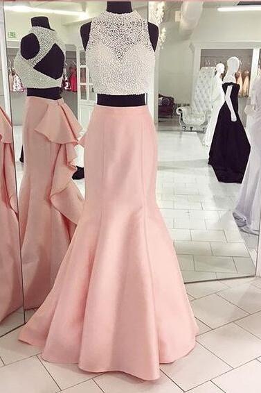 Crop Top Prom Dress, Sexy Two Piece Long Prom Dress 2017, Pink Mermaid Prom Dress, Beaded Prom Dress, Semi Formal Prom Dress, Charming Prom Dresses
