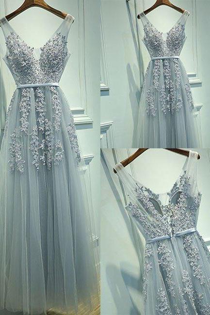 Gray A-line Tulle Long Prom Dress, Sexy V Neck Prom Dress, Elegant Evening Formal Dress, Lace Tulle Evening Dress, Woman Dresses