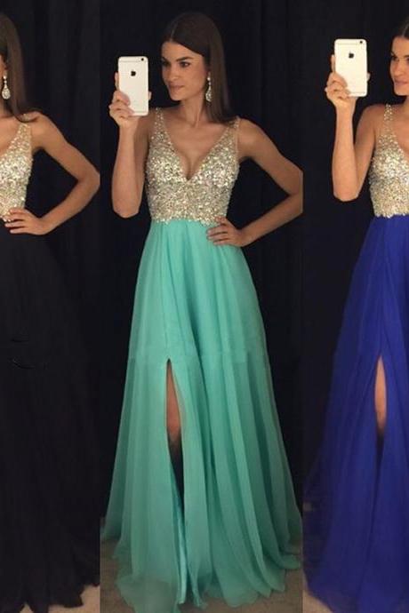 New Arrival Prom Dress, Modest Prom Dress,Sparkly Crystal Beaded V Neck Open Back Long Chiffon Prom Dresses 2017, Pageant Evening Gowns with Leg Slit