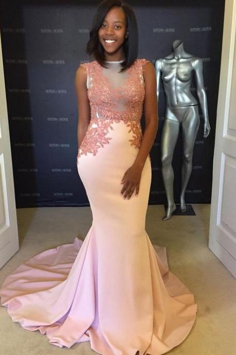 Charming Mermaid Prom Dress with Sweep Train, Satin Appliques African Black Girl Prom Dresses, Sleeveless Evening Dresses Party Gowns, Senior Prom Dress, Long Party Dress