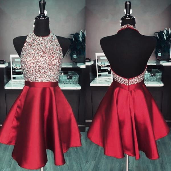 Burgundy Halter Beaded Short Prom Dress, Sexy Cocktail Dresses, Junior's Homecoming Party Dresses
