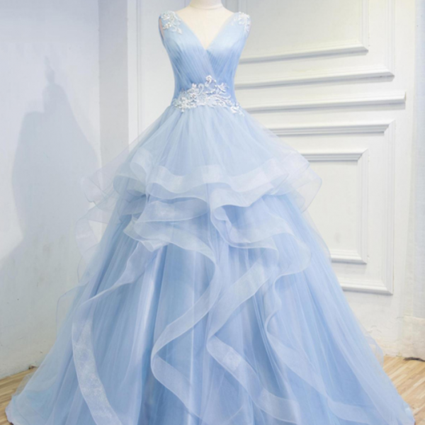 Elegant Baby Blue A-line Long Prom Dresses With Ruffles And Embroidery ...